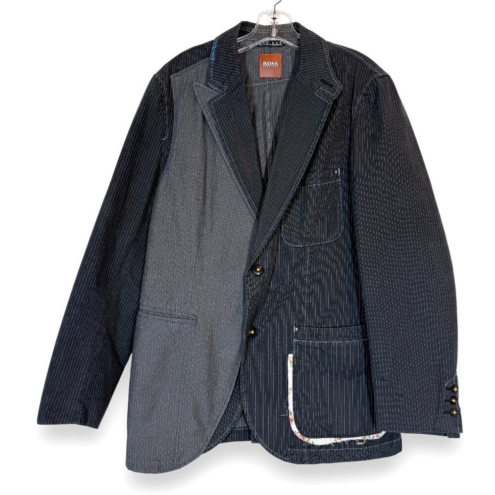 BOSS Hugo Boss Pinstripe Blazer Jacket Unique Patchwork Black Gray Large